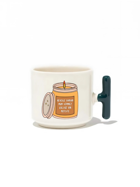 Hevesle Yanan Mum Sönmez Güçsüz Nefeste Latte Fincanı- Hediye Seramik Kupa