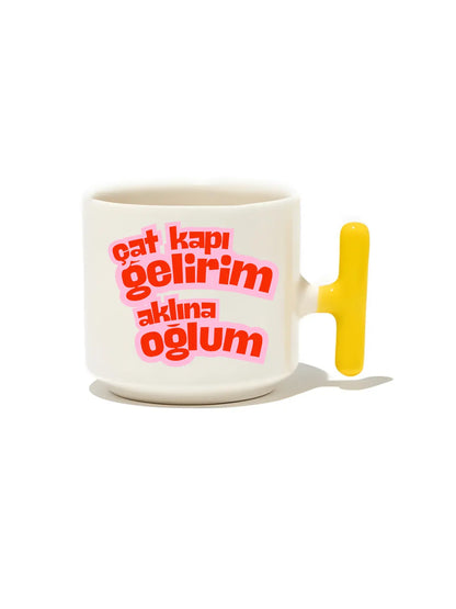 Çat Kapı Gelirim Aklına Oğlum Latte Fincanı- Hediye Seramik Kupa